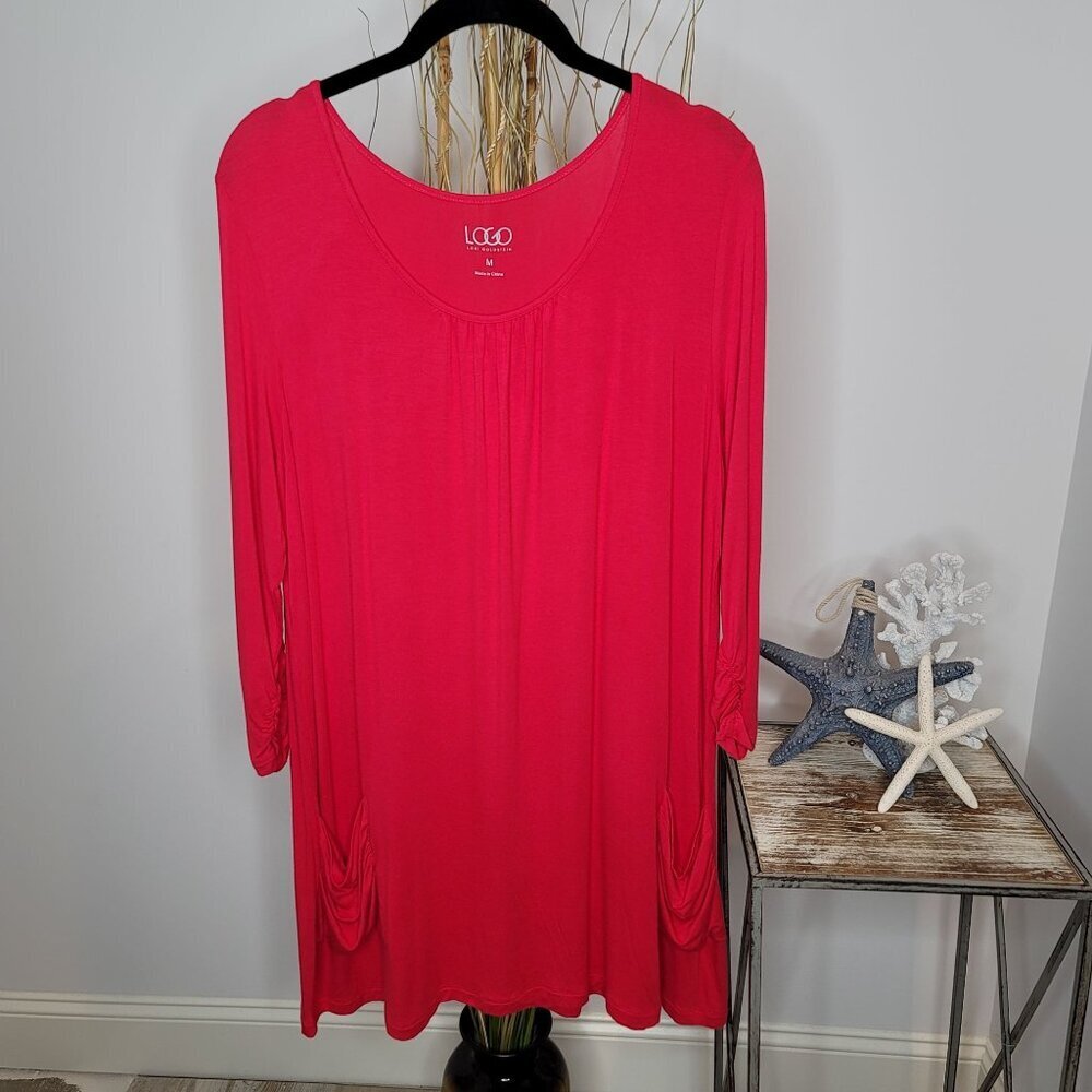 LOGO by Lori Goldstein Tunic Top Womens Medium A230417 Red Ruched Pocket